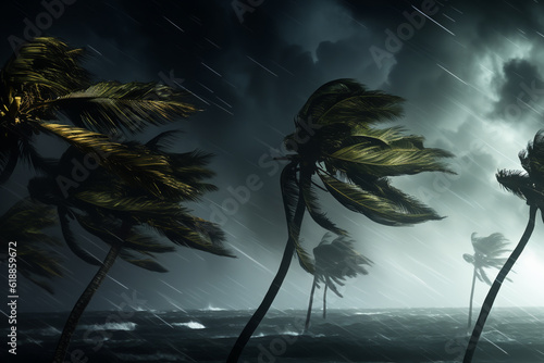 Palm trees sway in the wind from a tropical storm. ai generative