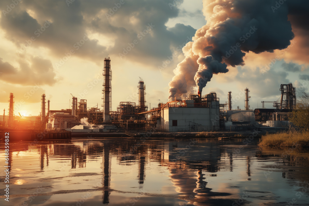 petrochemical plant or oil refinery polluting carbon and pollution in smog cloudy sky causing climate change, global warming and extreme weather events. ai generative