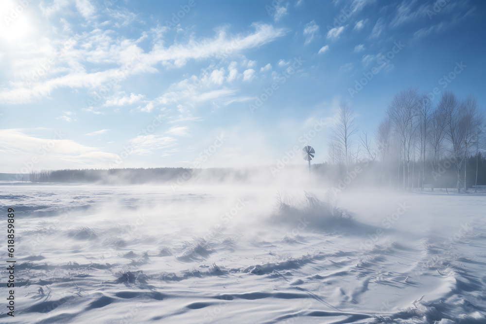 Beautiful winter landscape during a snow storm.ai generative