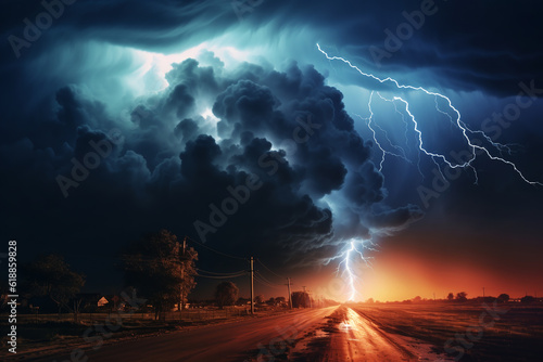 At night, a tornado-shaped mesocyclone thunderstorm throws discharges of electricity to the ground and illuminates the field and dirt road. ai generative