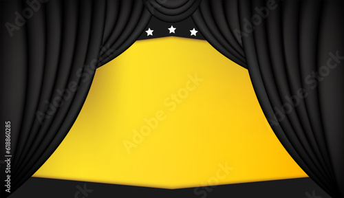 Realistic theater black curtain vector illustration for performance. Premium black curtain scene with yellow wall. Cover it with vertical blur and premium text. Like curtains in the theatre.