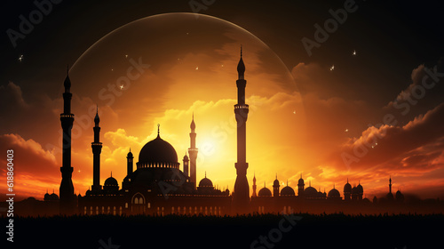 Islamic, Silhouette mosques on dusk sky twilight with crescent moon over mountain, religion of Islam and free space for text Ramadan Kareem, Eid Al Fitr, Eid Al Adha, Eid Mubarak. ai generative