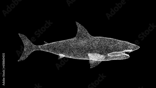 3D Shark on black background. Object made of shimmering particles. Wild animals concept. Protection of the environment. For title  text  presentation. 3d animation.