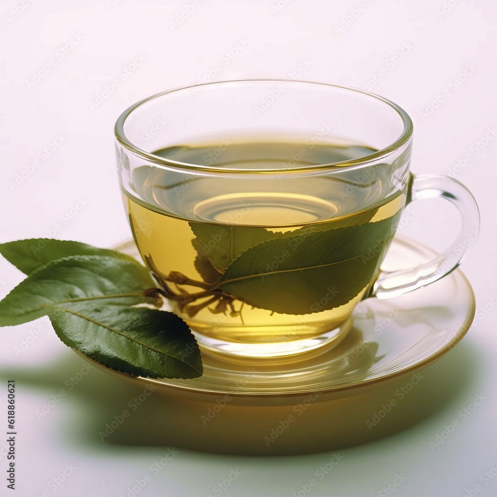 Cup of tea on a saucer with green tea leaves on a white background. Glass cup of green tea with leaves in a studio. Cup of tea on a saucer with green tea leaves on a white background. Glass cup of green tea with leaves in a studio.