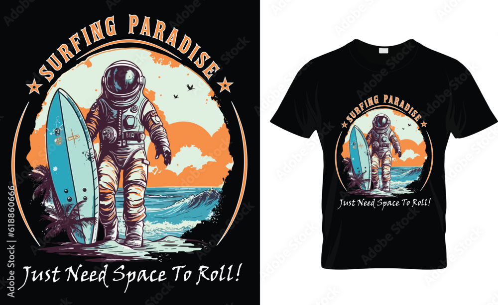 Surfing paradise t-shirt design.Colorful and fashionable t-shirt design for men and women.