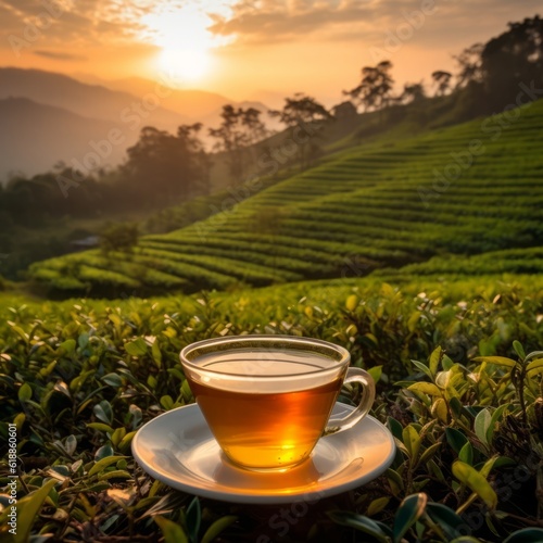 Cup of tea against a beautiful landscape of tea fields at sunrise. Cup of black tea on a saucer standing on a growing bush of a China tea Plantation while sunset. Hot drinks concept.