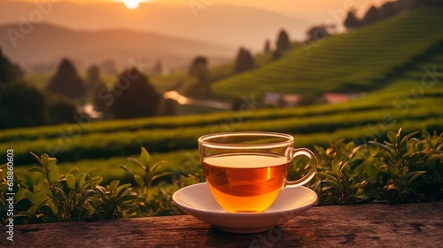 Cup of tea against a beautiful landscape of tea fields at sunrise. Cup of black tea on a saucer standing on a growing bush of a China tea Plantation while sunset. Hot drinks concept.