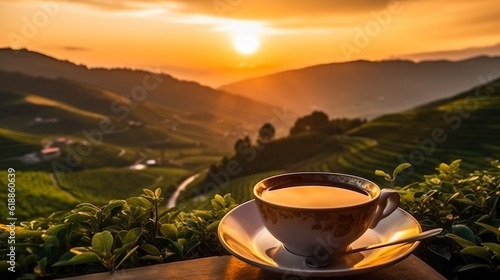 Cup of tea against a beautiful landscape of tea fields at sunrise. Cup of black tea on a saucer standing on a growing bush of a China tea Plantation while sunset. Hot drinks concept. photo