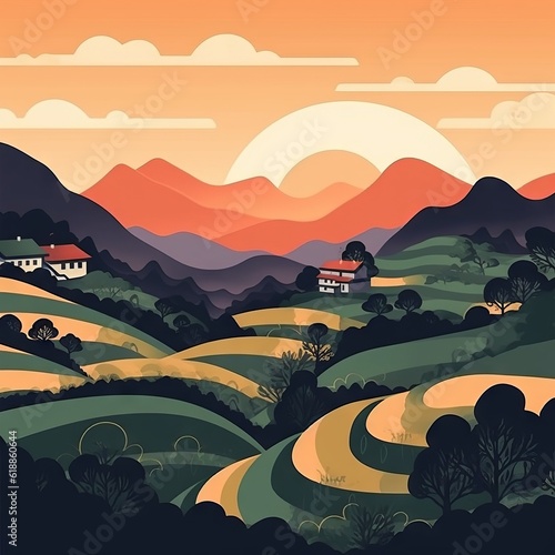 Beautiful art of a gorgeous sunrise over a tea plantation in the mountains. Vector illustration. Clipart of a tea farm in china during sunset.