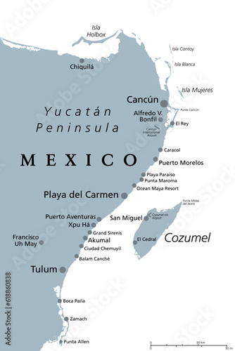 Cancun, Cozumel and Riviera Maya in Mexico, gray political map. Cancun, city on Yucatan Peninsula coast, north of Riviera Maya, a Caribbean coast resort, with Cozumel in the east of Playa del Carmen.