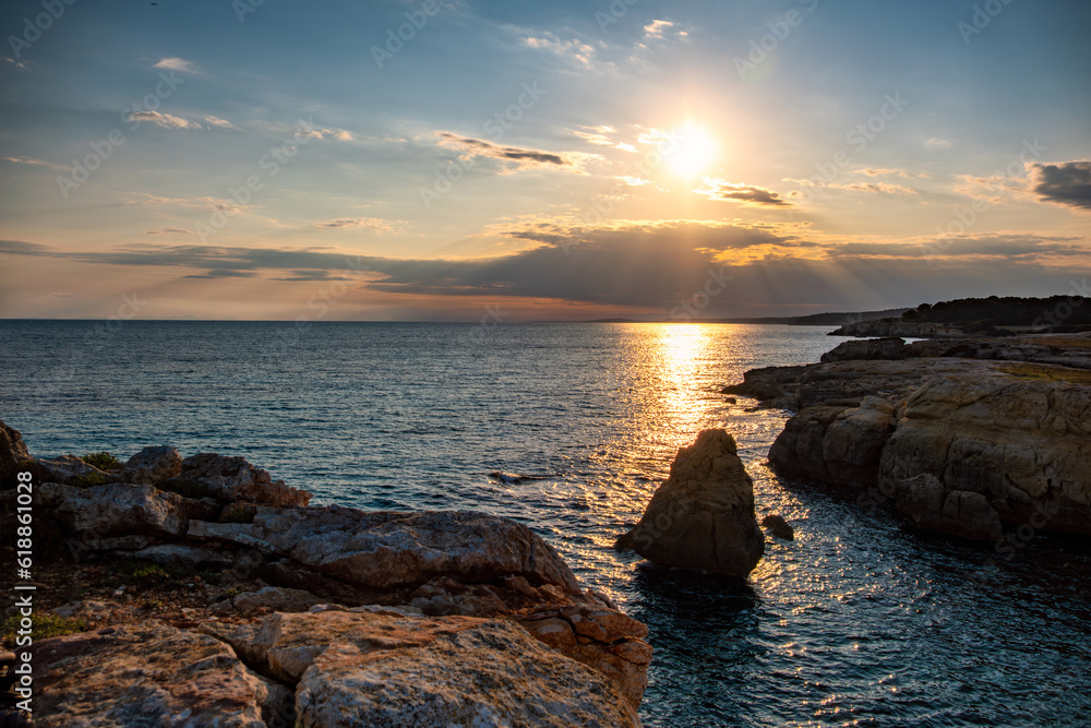 Landscape view of a beautiful sunset at the Balearic island of Menorca. Spain