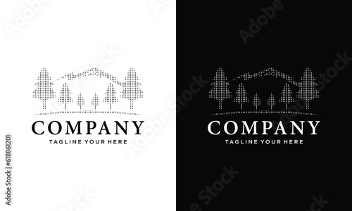mountain with pine tree vector logo on a black and white background.