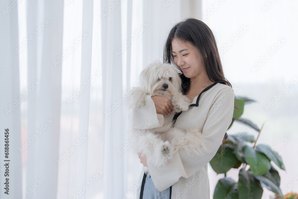 Cheerful woman in casual clothes spending her free time on vacation playing with cute pet at home. Cheerful woman in casual clothes spending her free time on vacation playing with cute pet at home.