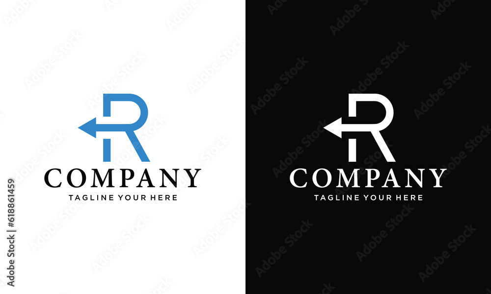 Initial Letter R with Arrow Monogram Logo Design Vector on a black and white background. Initial Letter R with Arrow Monogram Logo Design Vector on a black and white background.