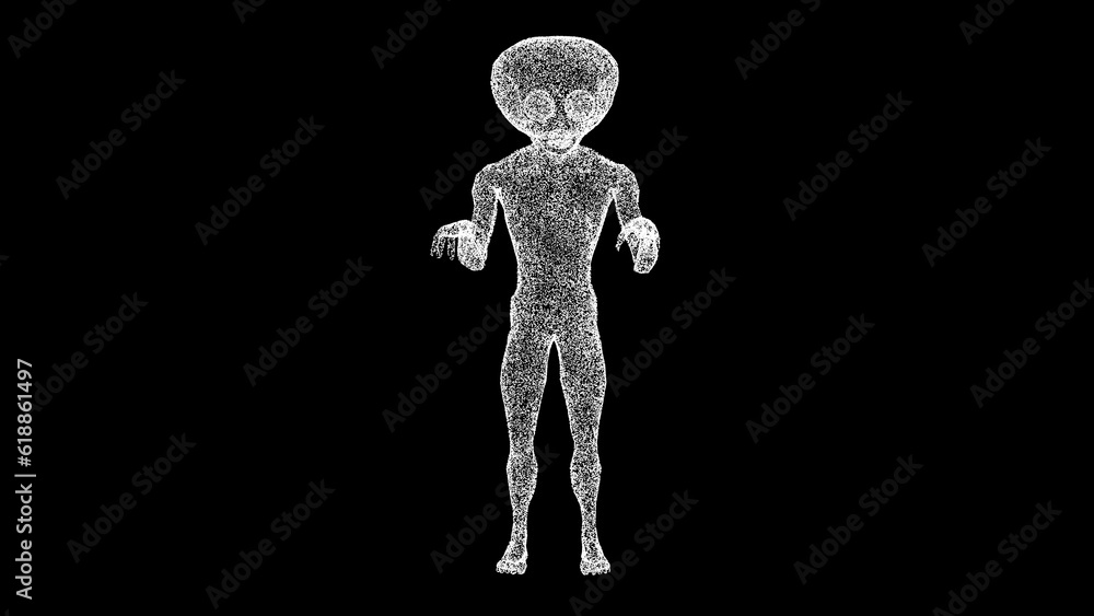 3D alien on black bg. Scary alien stands and looks. UFO futuristic concept. Mysterious Alien Humanoid, extraterrestrial life concept. For title, text, presentation. 3d animation.