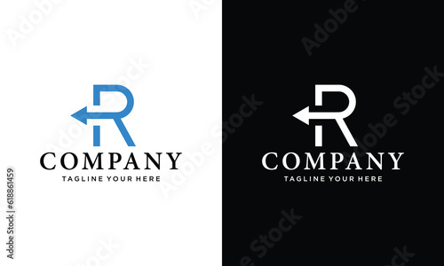 Initial Letter R with Arrow Monogram Logo Design Vector on a black and white background.