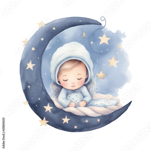 Cute watercolor baby good night moon Illustration AI Generative.