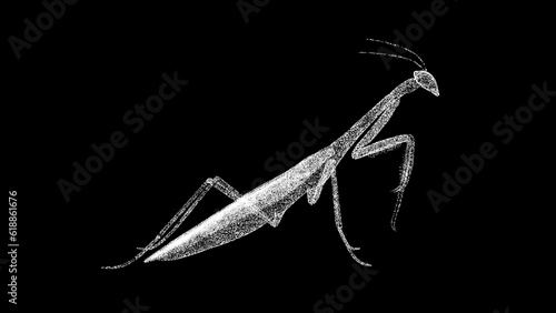 3D mantis on black bg. Insect Mantis. Wild animals concept. Protection of the environment. Zoo concept. For title, text, presentation. Object made of shimmering particles. 3d animation.