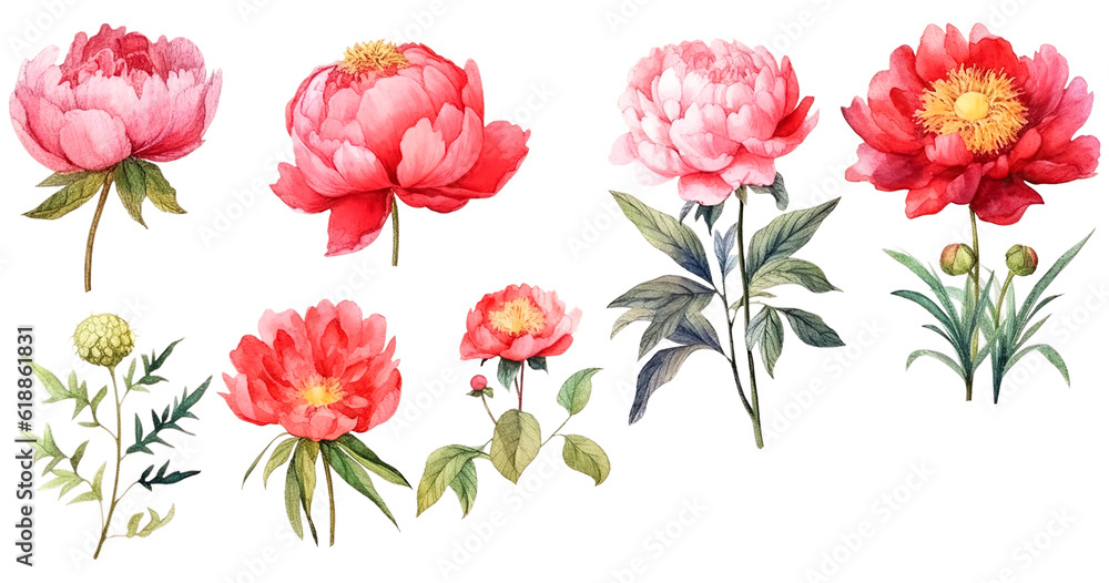 Fototapeta premium Watercolor Illustration Set of Paeonia Lactiflora Flowers, Bouquets and Wildflowers