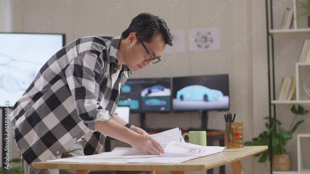Side View Of Asian Male Organizing Papers While Working About Car Design Sketch On Table In The Studio With Tv And Computers Display 3D Electric Car Model
Side View Of Asian Male Organizing Papers While Working About Car Design Sketch On Table In The Studio With Tv And Computers Display 3D Electric Car Model