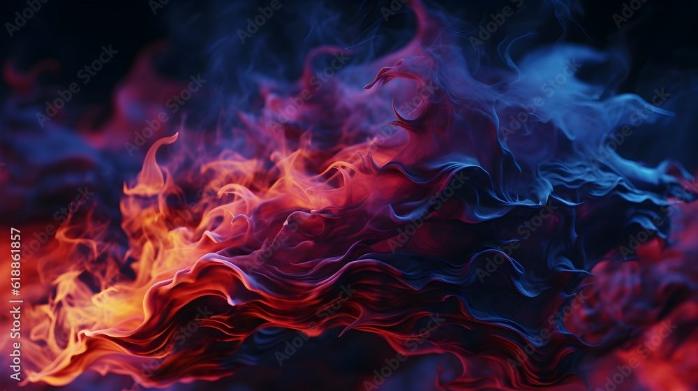 Vibrant, dynamic scene showcasing colourful mist, fast motion, fire, and smoke.