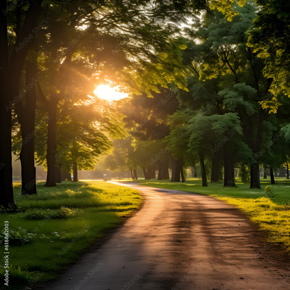 Obraz premium A peaceful country road stretches out ahead, surrounded by lush green trees and grass. The sun peeks through the branches, filling the air with warmth and tranquility.