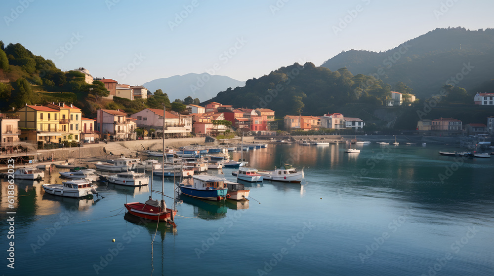 Boats moored in a picturesque harbor surrounded by colorful houses and majestic mountains. A beautiful scene of nature and humanity in perfect harmony.