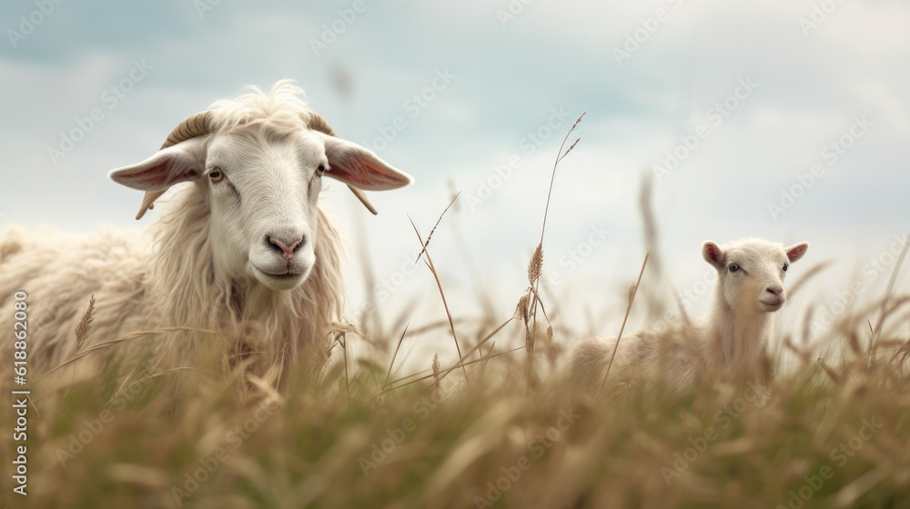 A Sheep and A Goat in the Field. Illustration for Jesus' Parable of Good and Evil, a Loyal Follower vs a Rebel.