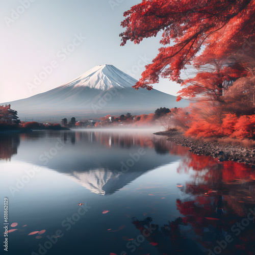 A stunning mountain scene with fiery red leaves and trees standing tall against a tranquil body of water. A breathtaking sight that captures the beauty of nature.