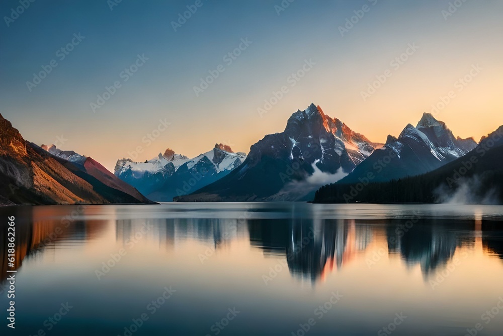 An image of a majestic mountain range at sunrise, with the peaks bathed in warm golden light and a blanket of clouds below.