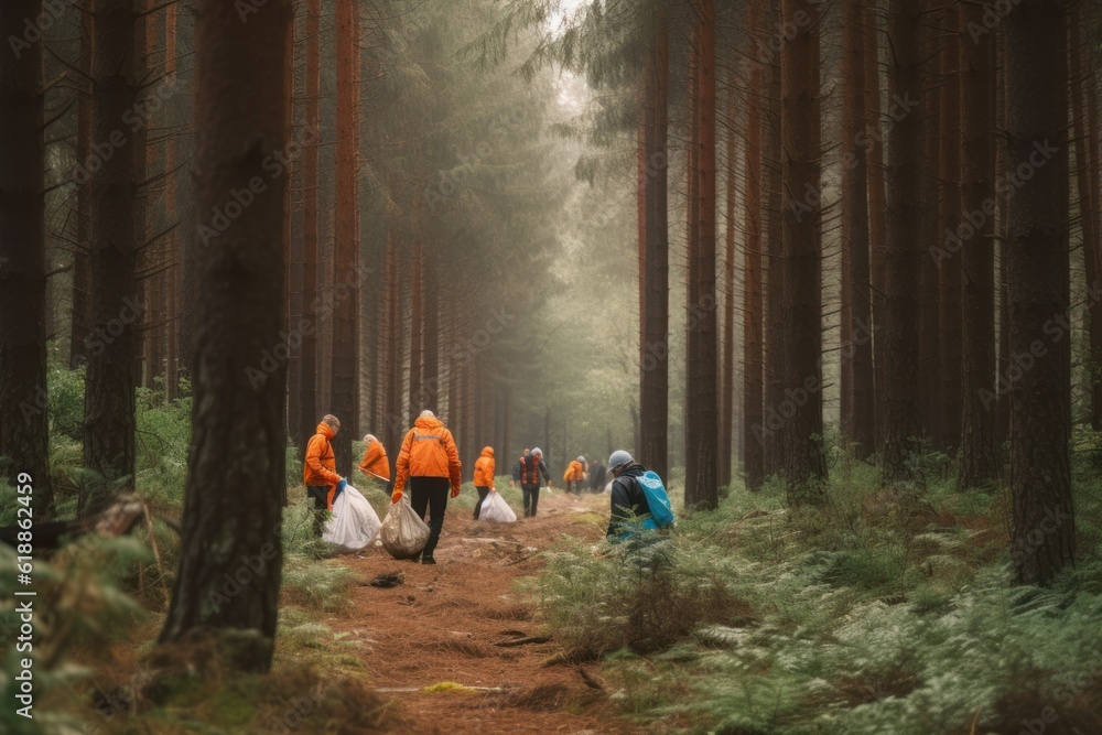 Ecology volunteers cleaning forest or park from plastic garbage and trash. Group of active people cleaning outdoors. Ecology protection movement and nature pollution problems concept. Ecology volunteers cleaning forest or park from plastic garbage and trash. Group of active people cleaning outdoors. Ecology protection movement and nature pollution problems concept.