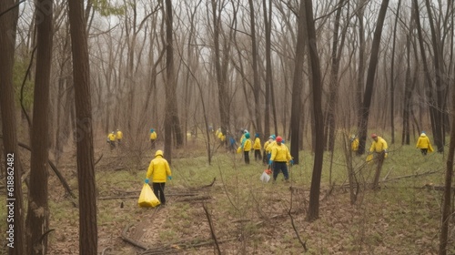 Ecology volunteers cleaning forest or park from plastic garbage and trash. Group of active people cleaning outdoors. Ecology protection movement and nature pollution problems concept.