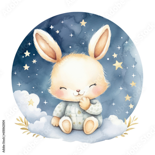 Cute watercolor baby good night bunny on moon Illustration AI Generative.