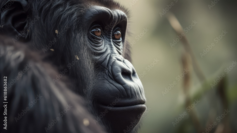 beautiful gorilla in its natural habitat. close up of gorilla. Post-processed generative AI
