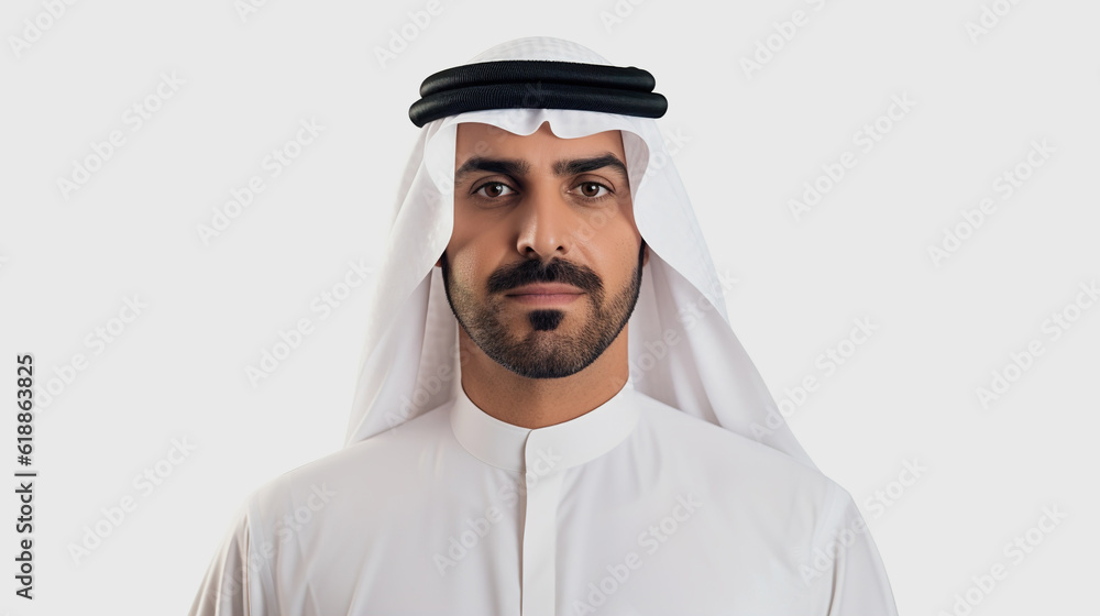 arab man wearing traditional emirate clothing portrait on nature street background, close-up. AI generation