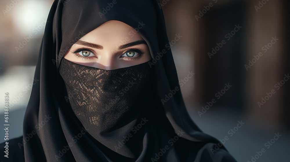 Naklejka premium Arab girl in a black hijab close-up. AI generation