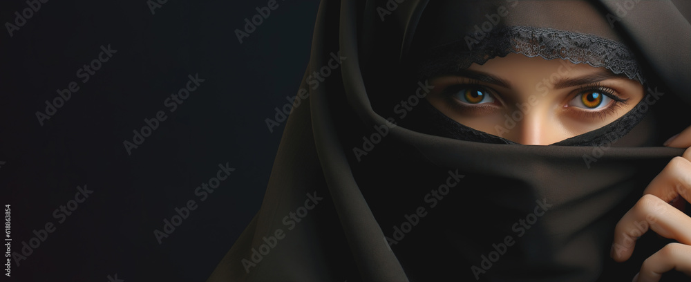 Arab girl in a black hijab close-up. Banner, copy space. AI generation