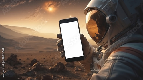 Astronaut holding mobile phone mockup
