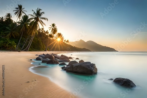 An image of a tropical beach with white sandy shores, palm trees swaying in the breeze, and turquoise waters.