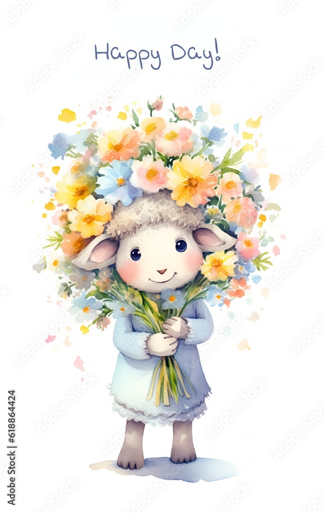 Illustration of a sheep in a watercolor style for the design of cards and invitation cards for a children's birthday on the theme of Aries or Ram happy holding a bouquet of flowers generated by AI Illustration of a sheep in a watercolor style for the design of cards and invitation cards for a children's birthday on the theme of Aries or Ram happy holding a bouquet of flowers generated by AI