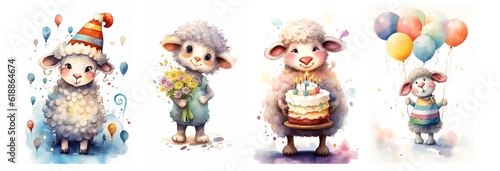 A set of illustrations of a sheep in a watercolor style for the design of invitation cards for children s birthday on the theme of Aries or Ram  with cake  with flowers  balloons happy  AI generated