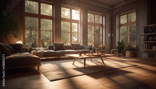 Comfortable modern living room with natural wood flooring generated by AI