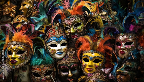 Multi colored masks adorn ornate Italian carnival costumes generated by AI