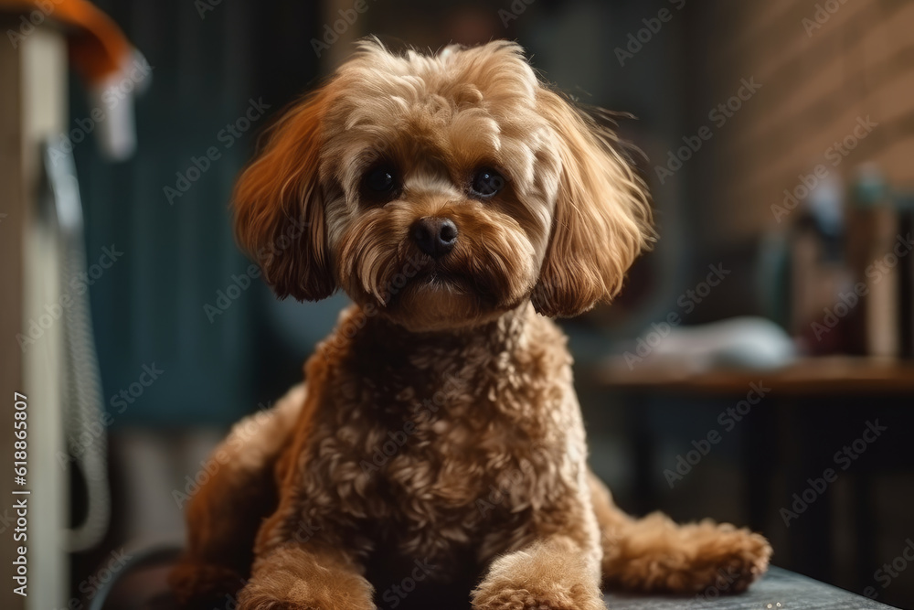 Close-up portrait of a cute poodle during grooming, AI Generated