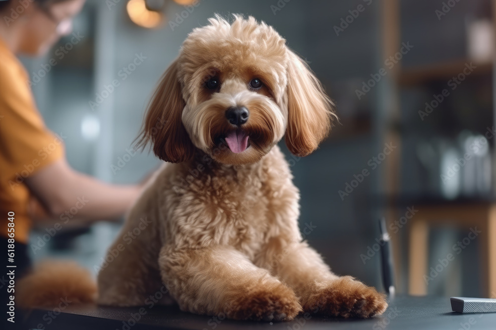 Close-up portrait of a cute poodle during grooming, AI Generated Close-up portrait of a cute poodle during grooming, AI Generated