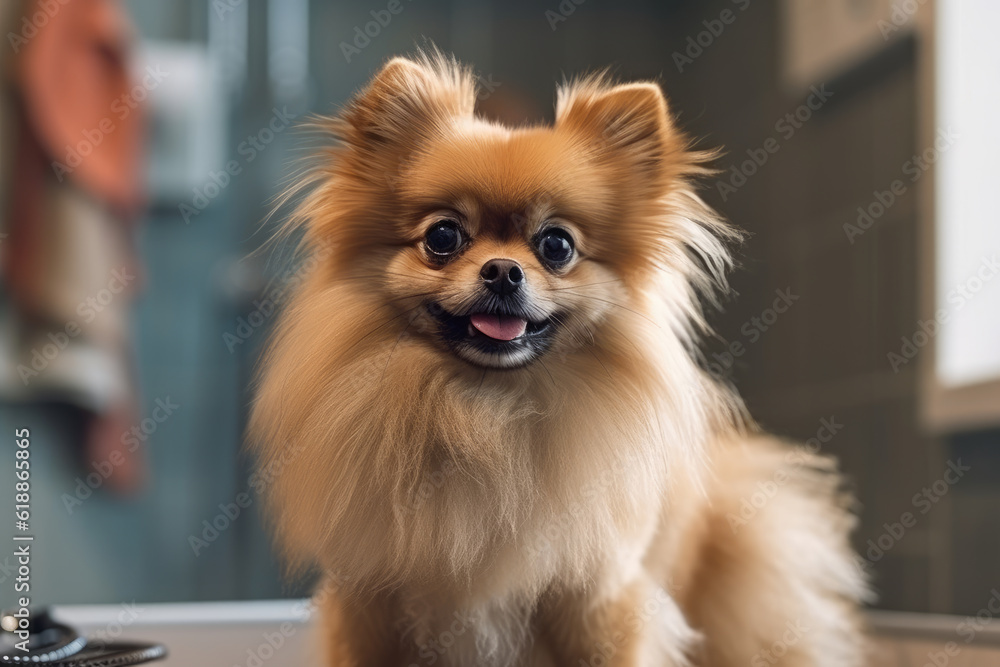 Close-up portrait of a cute pomeranian during grooming, AI Generated Close-up portrait of a cute pomeranian during grooming, AI Generated