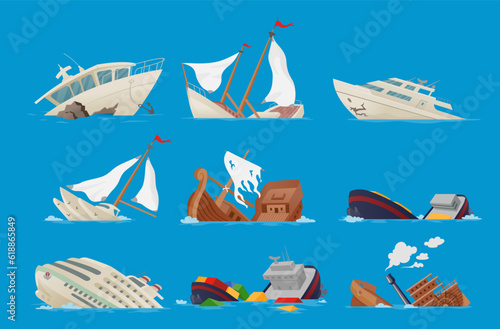 Broken sailor boats crash accident in sea damaged ships and brigantines set isometric vector