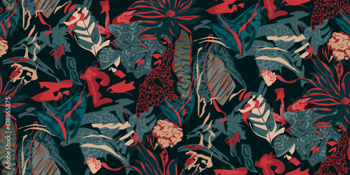 Exotic jungle plants seamless pattern prints, abstract flowers, vector graphics. Perfect for fashion, textiles, and artistic projects collection of modern creative illustrations designs.