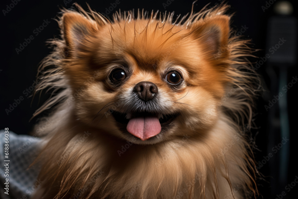 Close-up portrait of a cute pomeranian during grooming, AI Generated