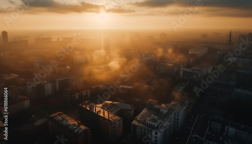 Sunset illuminates modern city skyline from high up generated by AI